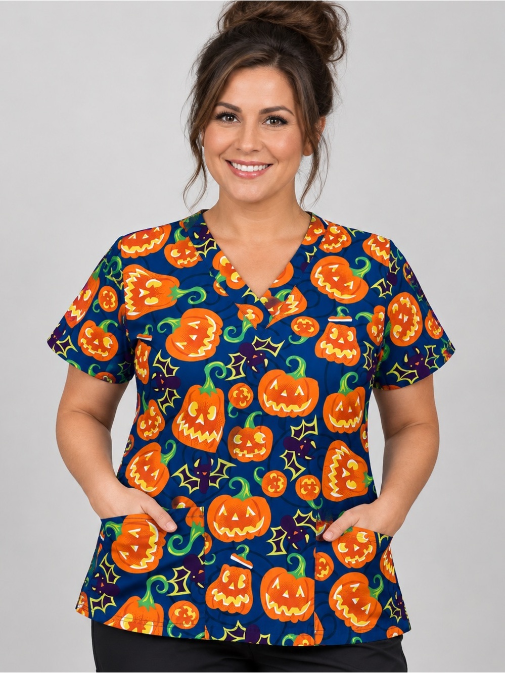 Women’s Small Butter-Soft Jack O’ Lantern Halloween Print Scrub Top